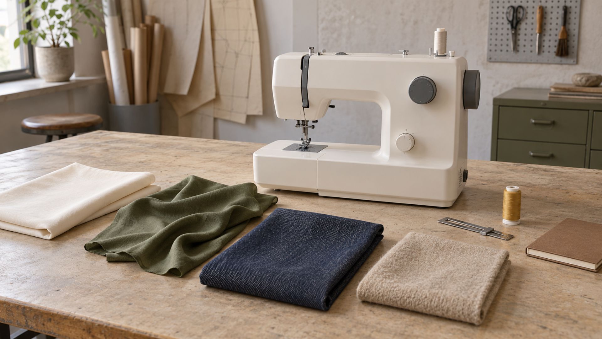 Machine à coudre familiale entourée d’échantillons de popeline, viscose, denim et lainage pour choisir un modèle adapté à ses projets.