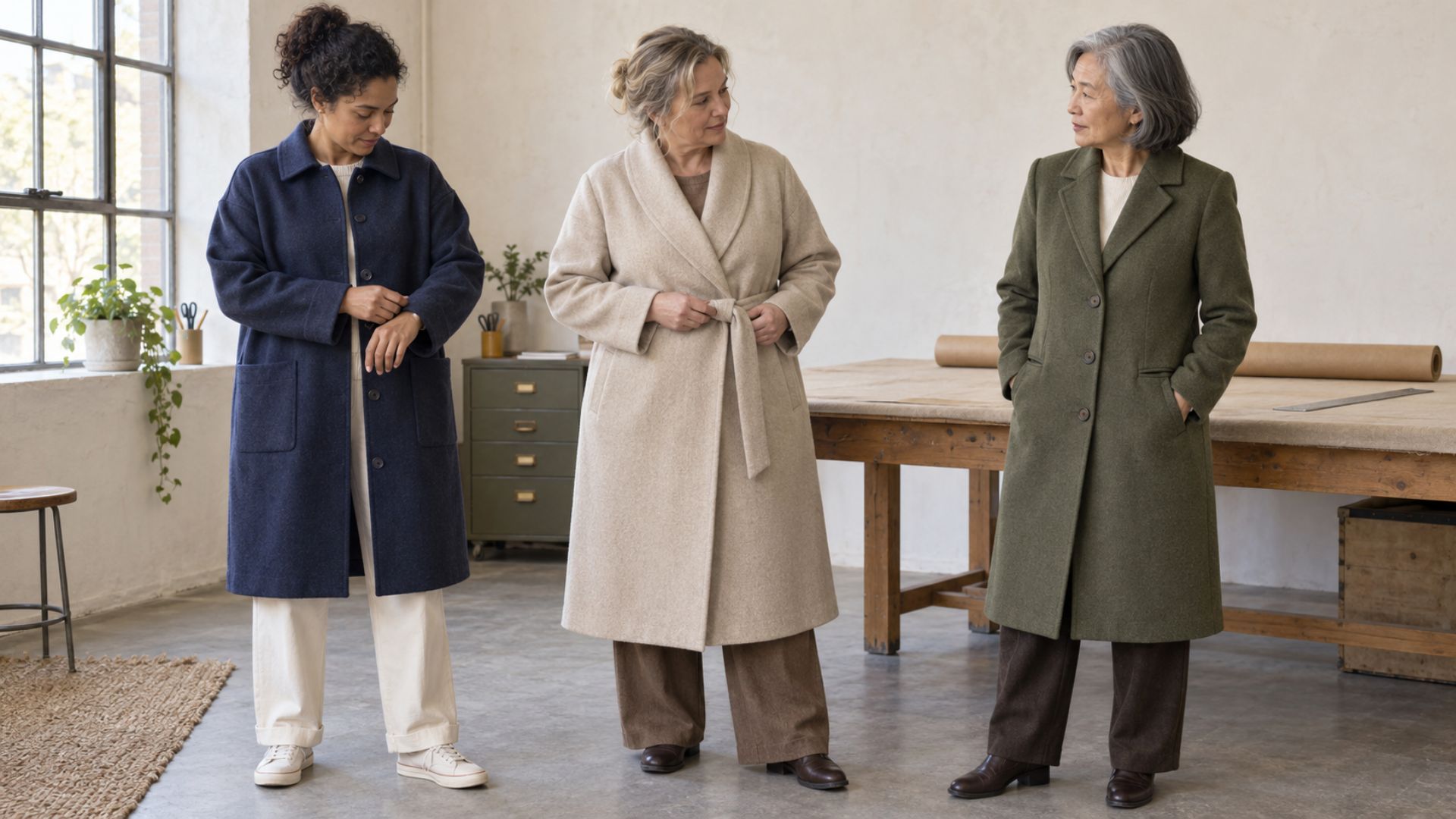 couture-tips-choisir-patron-manteau-coupe-niveau-couture Trois personnes portant une chemise-manteau ample, un manteau ceinturé et un manteau structuré à col tailleur