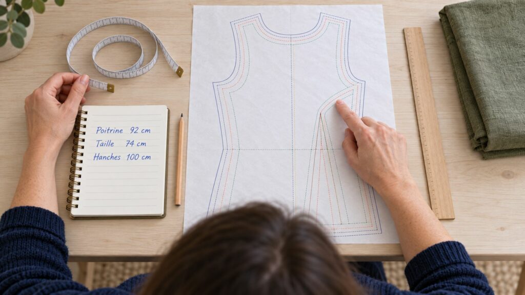 Comparaison des mensurations avec les différentes tailles d’un patron de couture