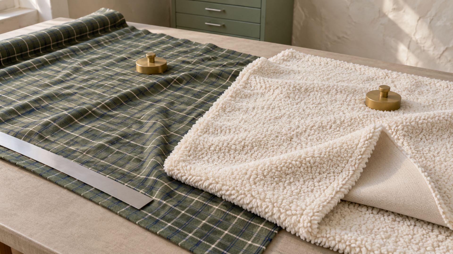 Flanelle et sherpa mesurés avant la coupe d’un plaid double face
