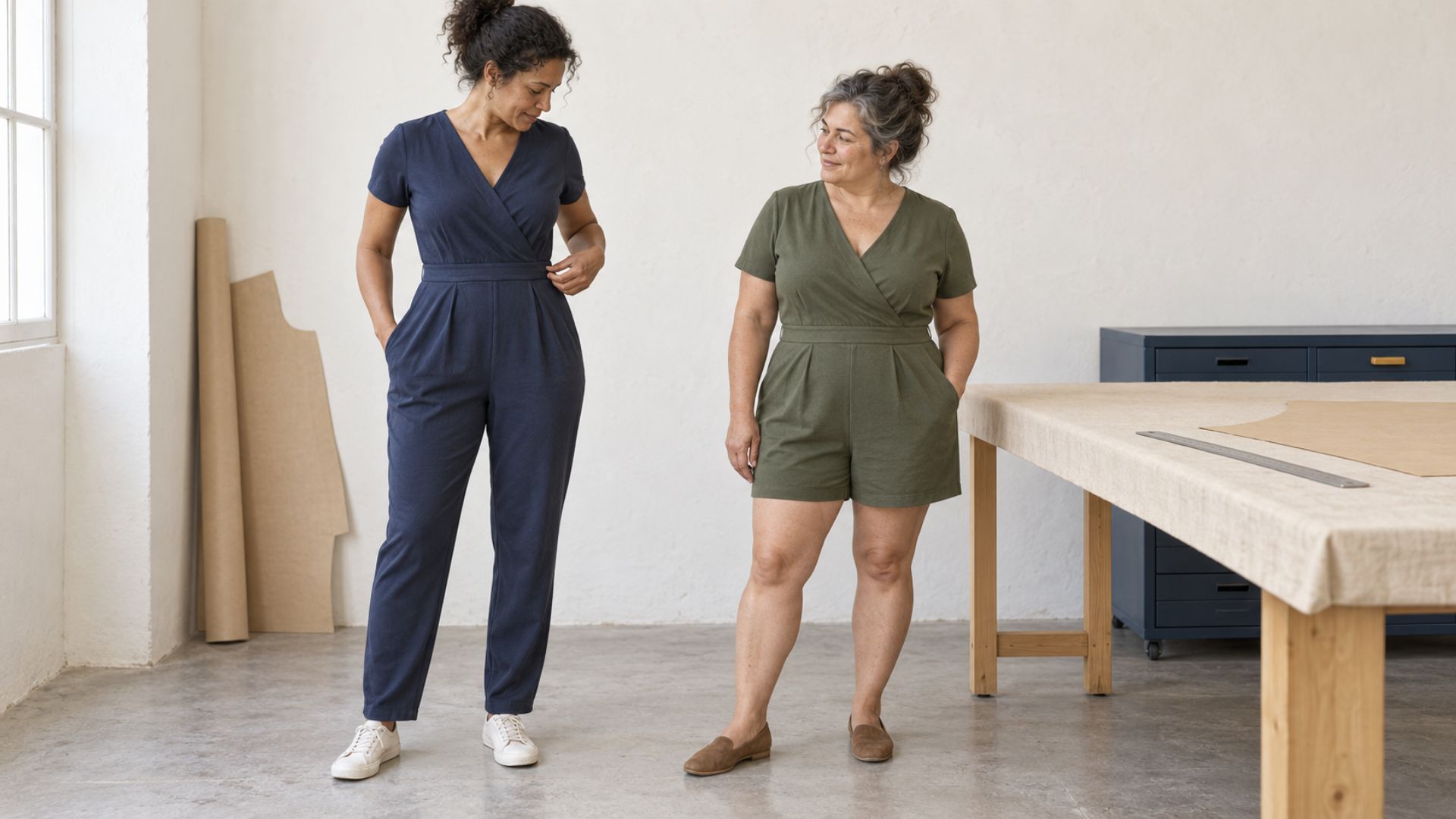 Deux femmes portant les versions pantalon et short d’une combinaison en jersey à corsage cache-cœur