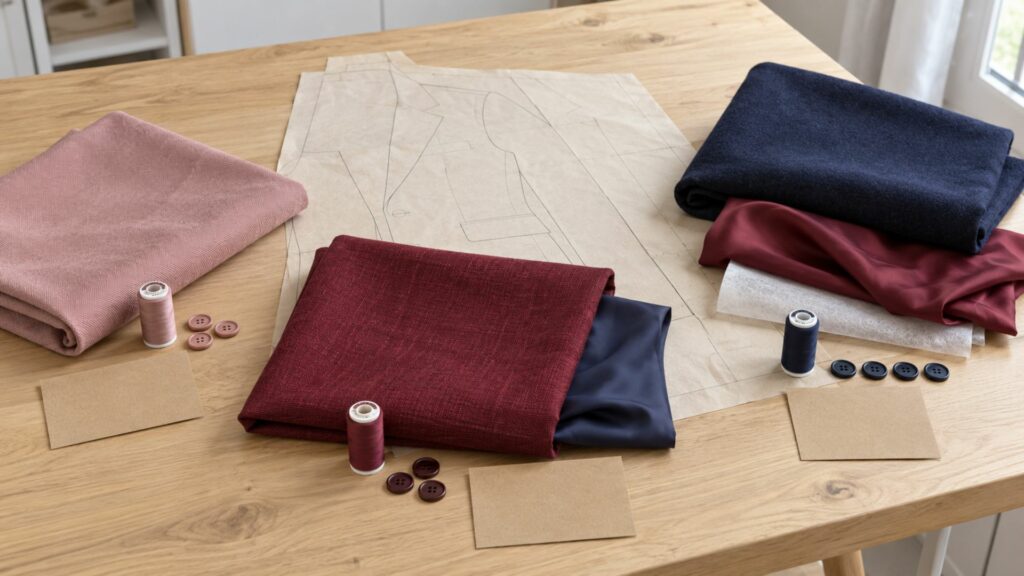 Trois associations de tissus, doublures et fournitures comparées pour un même projet de veste cousue main