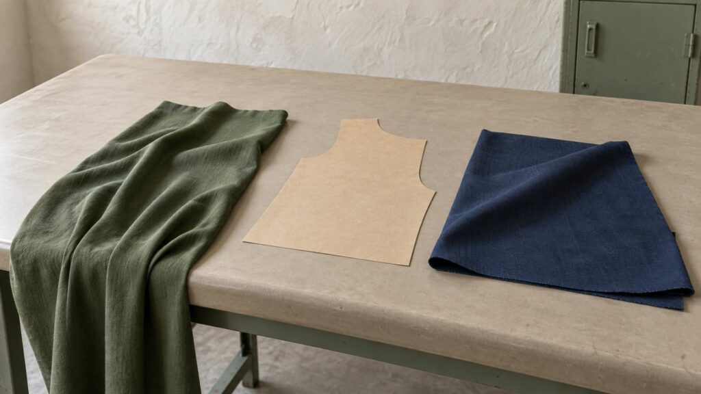 Tissu fluide et sergé structuré comparés autour d’une pièce de patron pour observer leurs différences de tombé.