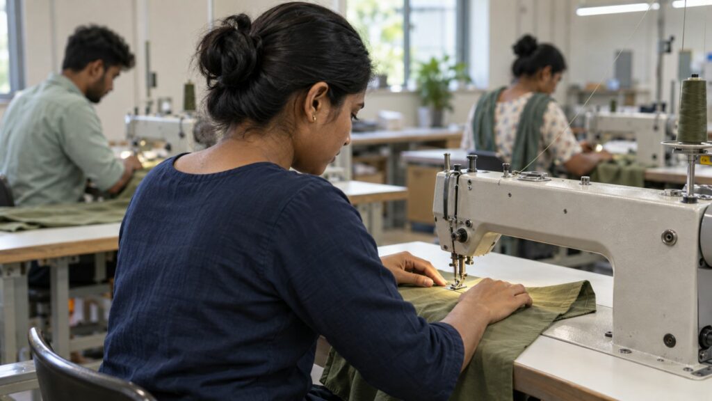 Professionnelle guidant une étoffe sous une machine industrielle dans un atelier de confection