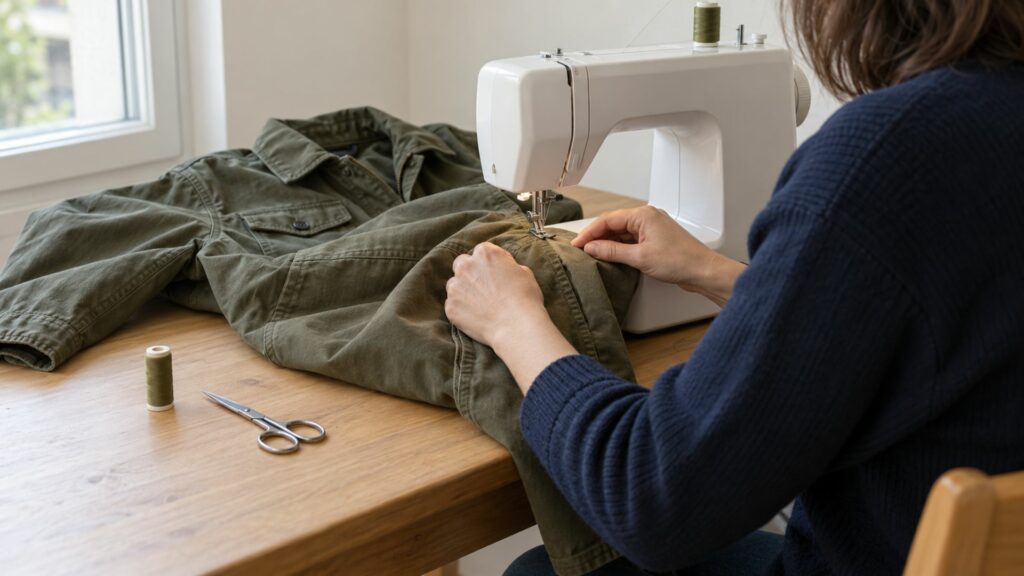 Réparation d’une veste en coton avec une machine à coudre domestique