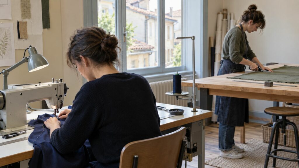 Deux professionnels travaillant dans un petit atelier de confection en France