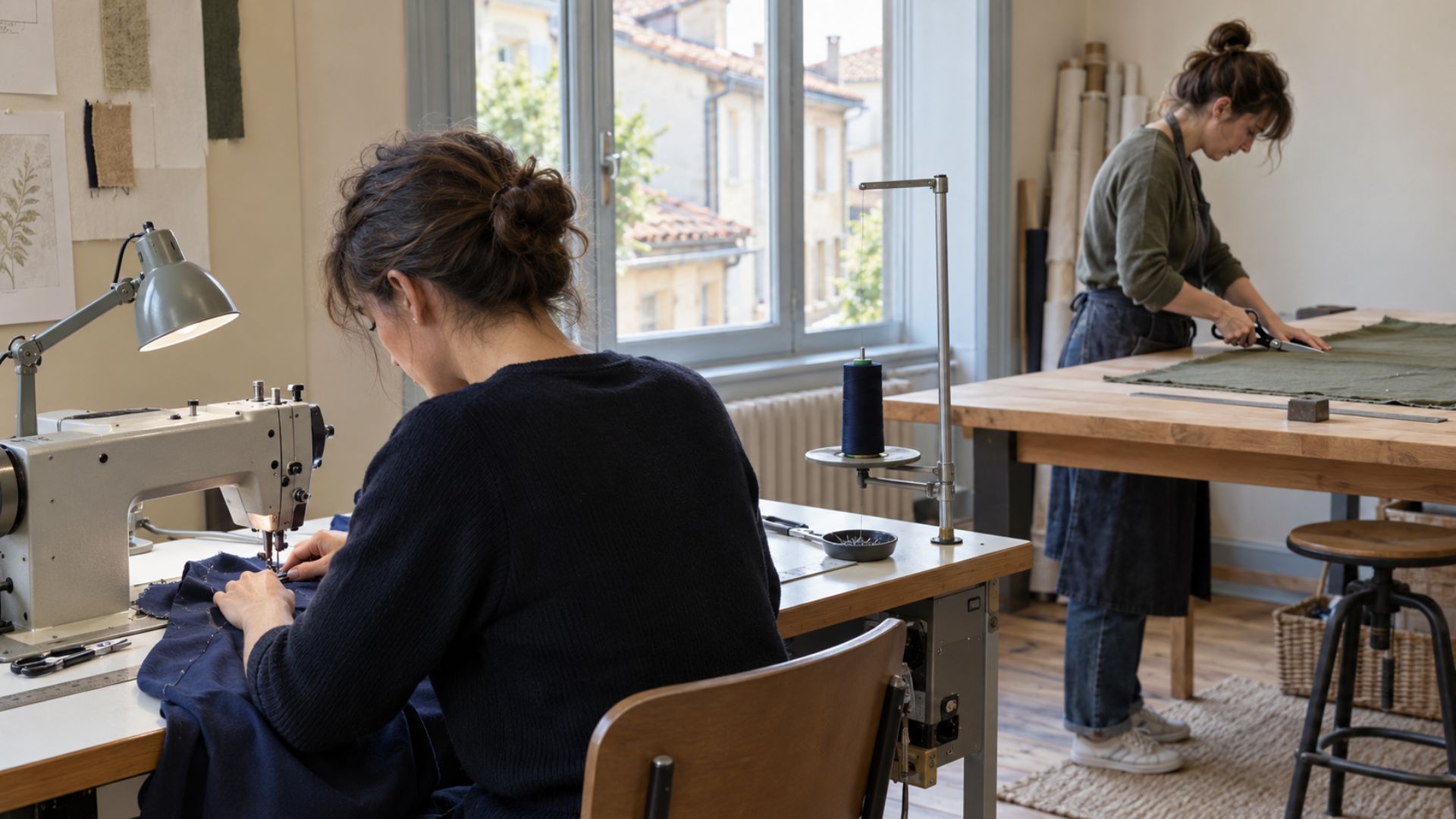 Deux professionnels travaillant dans un petit atelier de confection en France