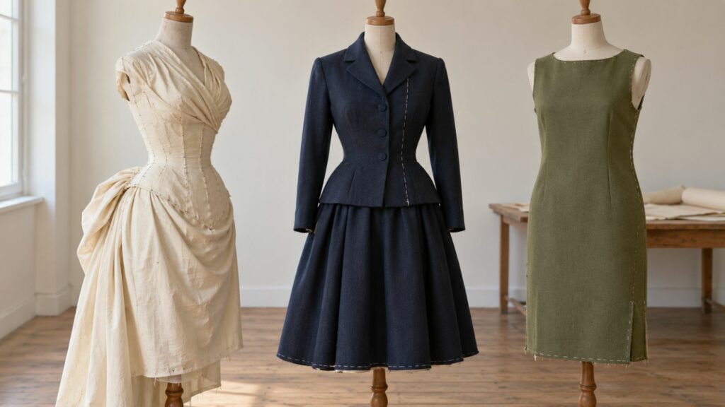 Trois mannequins d’atelier portant des silhouettes construites à différentes périodes