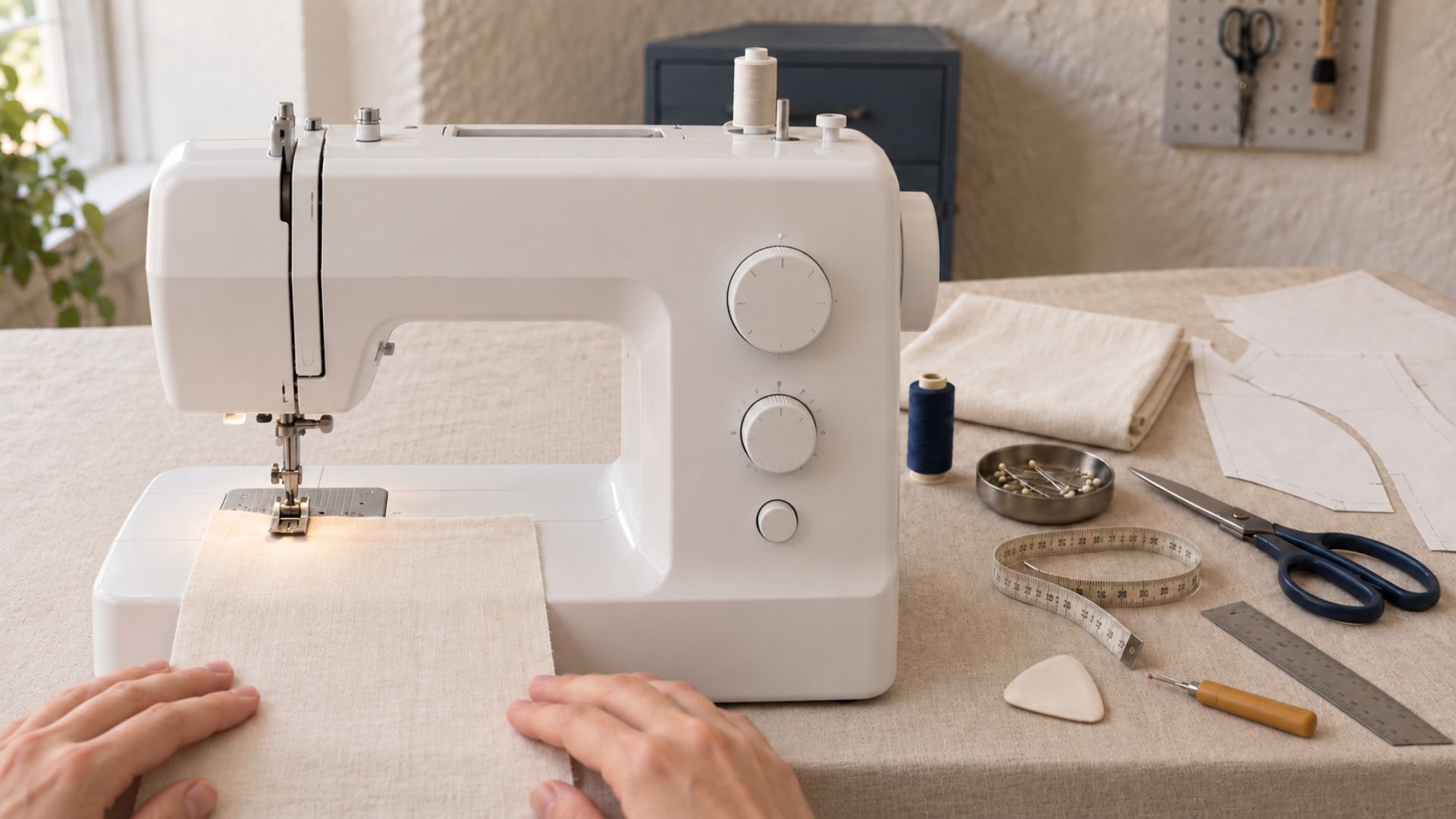 Matériel et machine préparés pour débuter un premier projet de couture