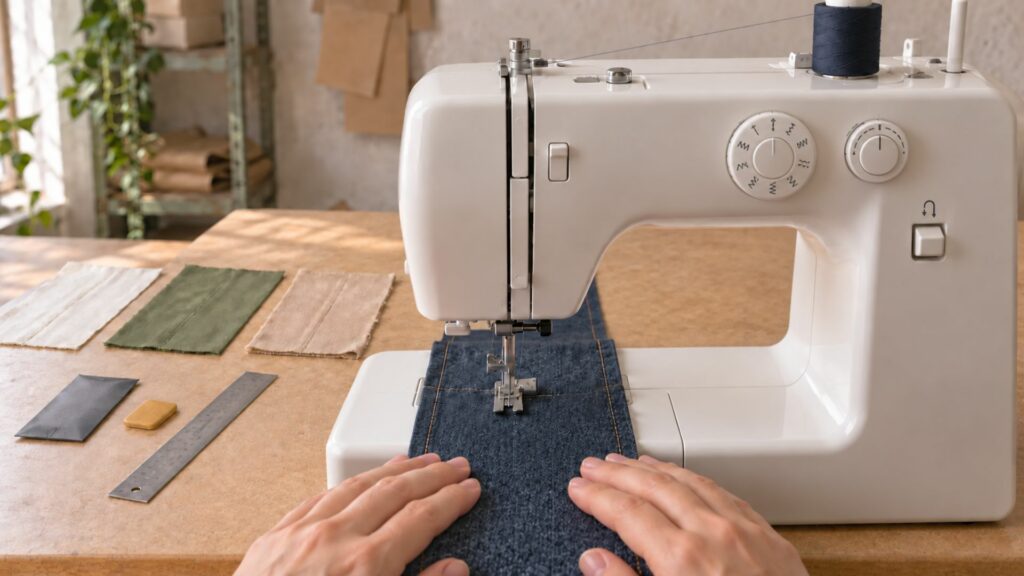 Essai d’une machine à coudre sur du denim avec plusieurs échantillons préparés pour évaluer son entraînement.