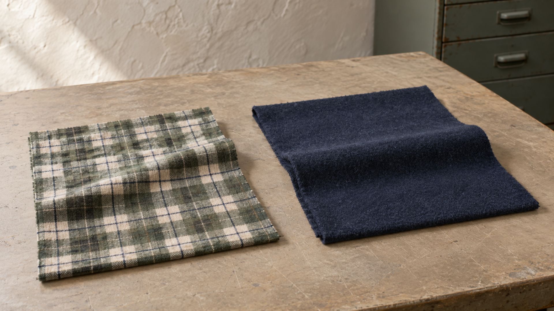 Flanelle de coton à petits carreaux et flanelle de laine bleu encre comparées sur une table de coupe.