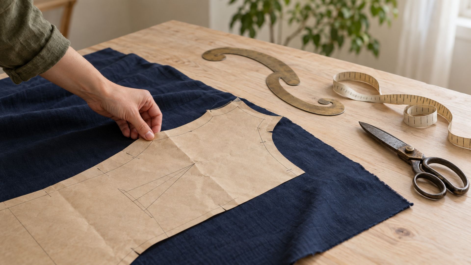 Patron en papier positionné sur un tissu dans un atelier de couture à domicile