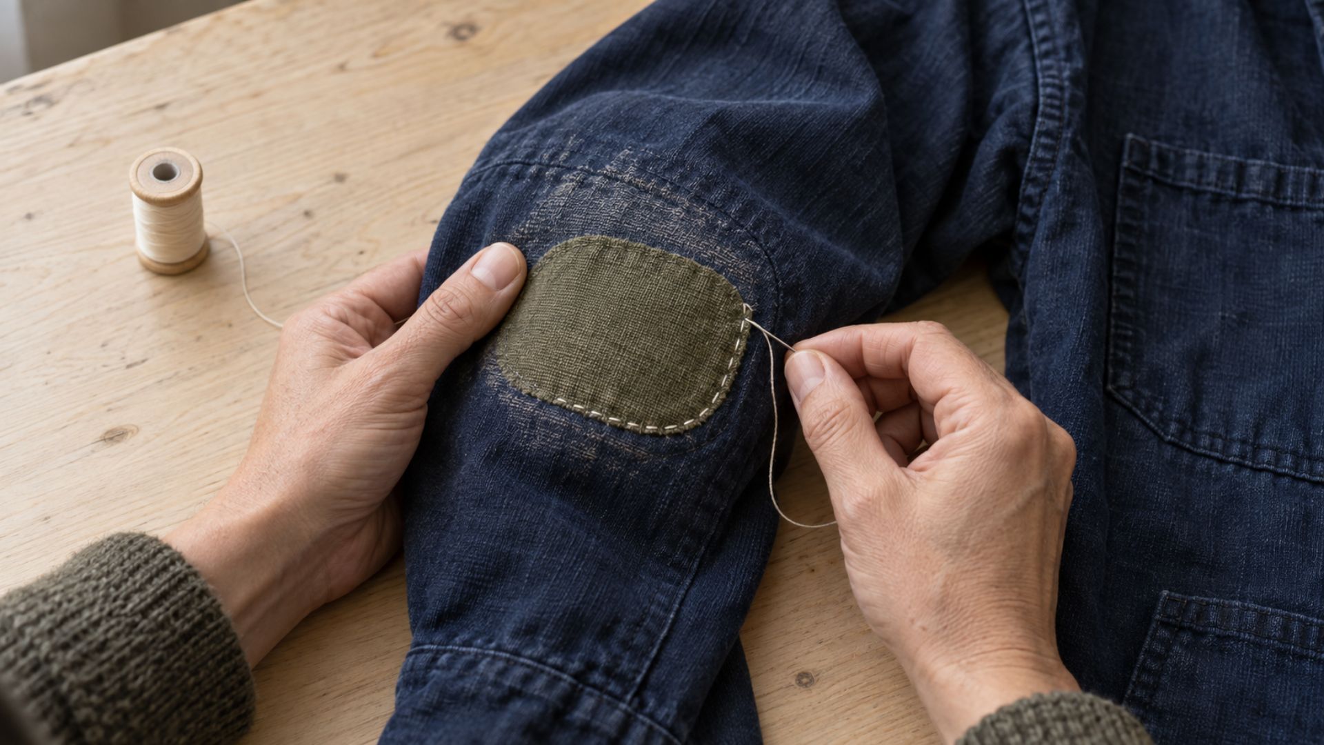 Réparation manuelle du coude usé d’une veste avec une pièce de tissu