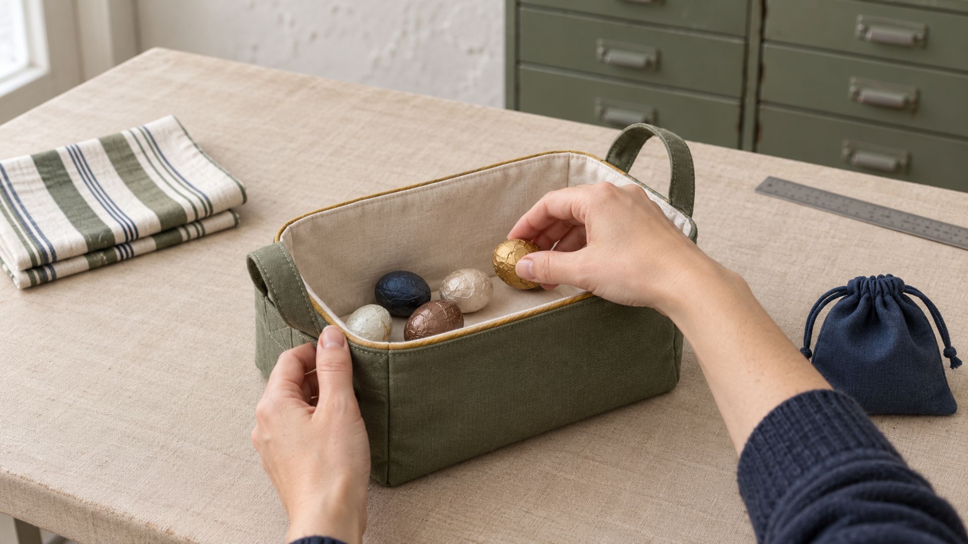 Panier de Pâques réutilisable en tissu vert mousse avec doublure claire et anses courtes