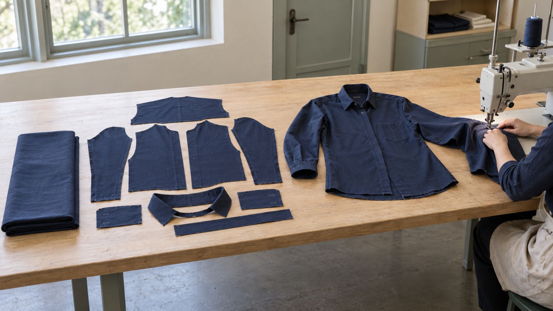 Étoffe, pièces découpées et chemise en cours d’assemblage dans un atelier de confection