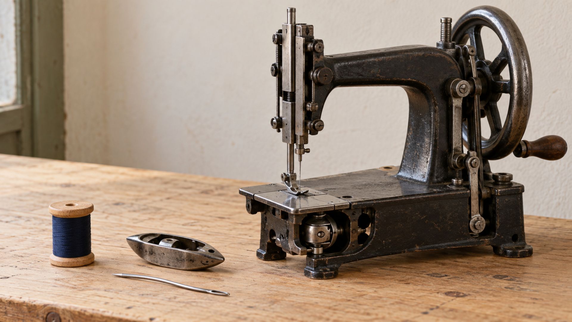 Ancien mécanisme de machine à coudre accompagné d’une aiguille, d’une navette et d’une bobine