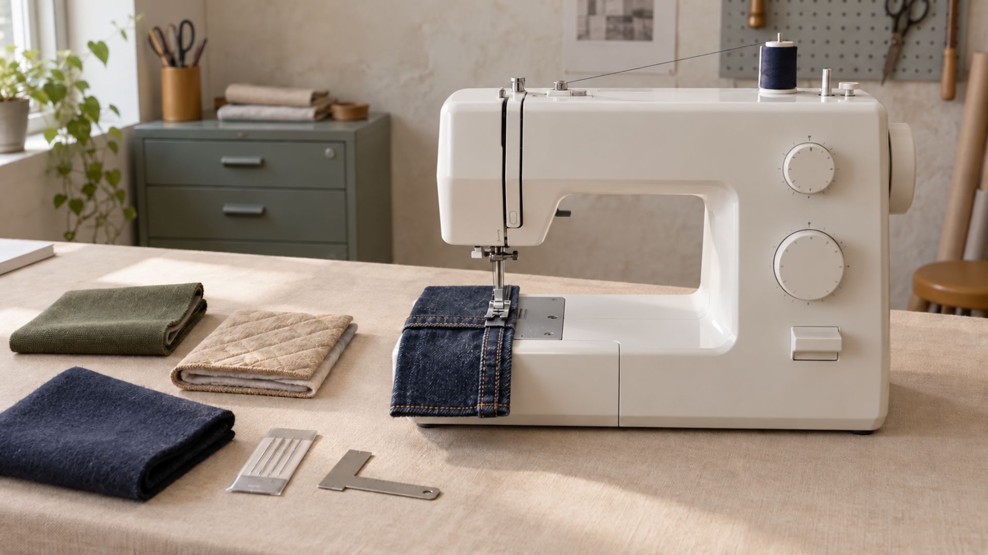 Machine à coudre testée sur plusieurs épaisseurs de denim et de lainage