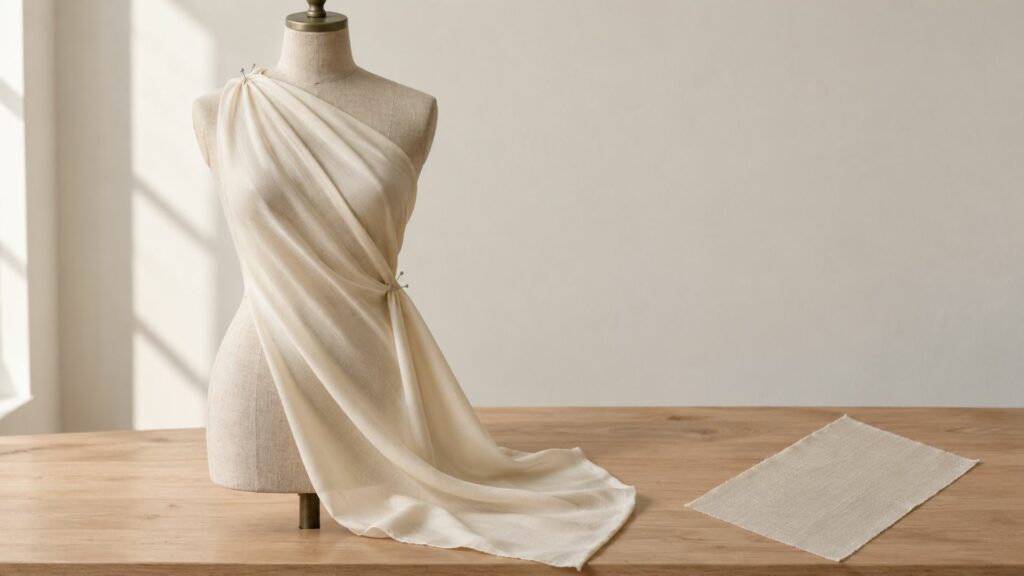 Étoffe fluide placée dans le biais sur un petit mannequin de couture