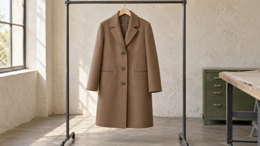 Manteau mi-long cousu main en drap de laine brun noisette suspendu sur un portant dans un atelier de couture.