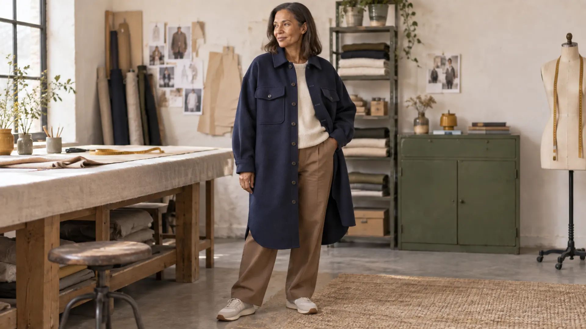 Manteau Rya de Fibre Mood porté dans une version ample en drap de laine bleu marine