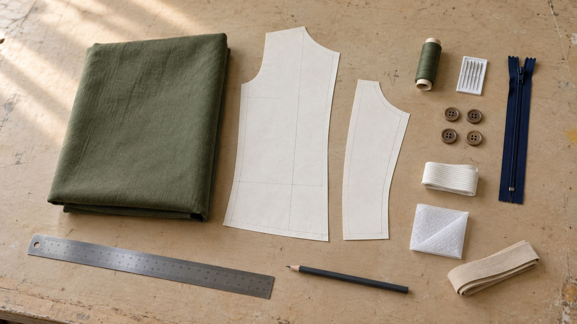 Fil, aiguilles, fermeture, boutons et entoilage réunis pour préparer un projet de couture