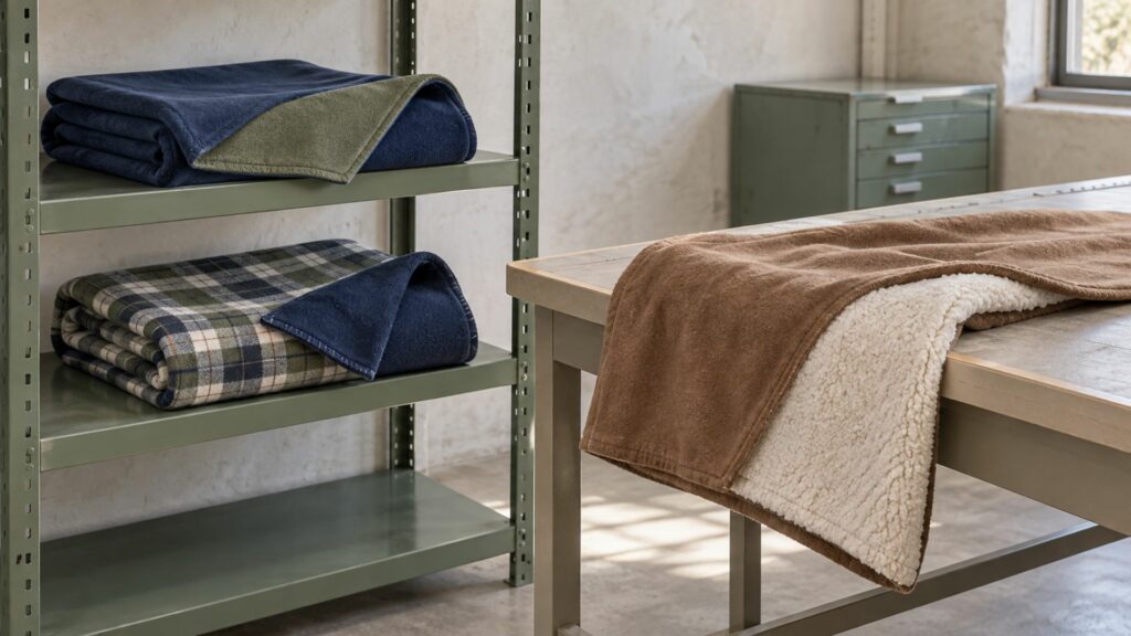Trois plaids cousus en polaire, flanelle et sherpa dans un atelier