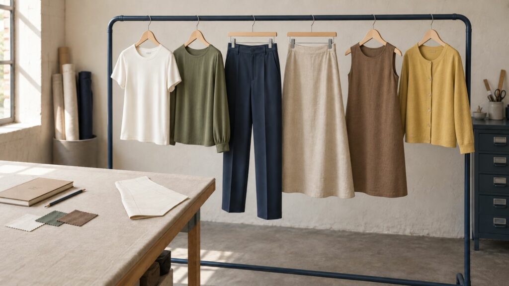 Six vêtements cousus main coordonnés sur un portant dans un atelier de couture