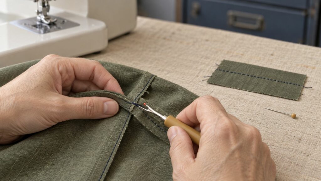 Couture retirée avec un découd-vite avant d’être corrigée