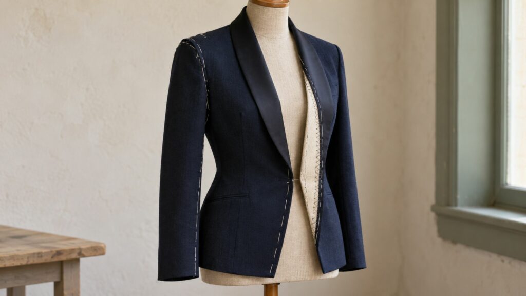 Veste de smoking bleu marine en cours de montage sur un mannequin féminin