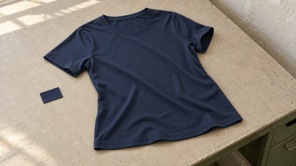 Tee-shirt en jersey bleu encre posé sur une table de coupe, avec une encolure plate et des ourlets cousus à l’aiguille double.