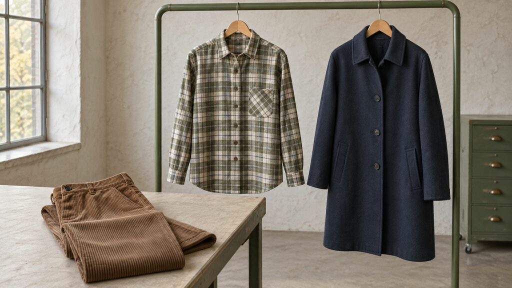Chemise en flanelle, pantalon en velours et manteau en lainage cousus pour l’automne
