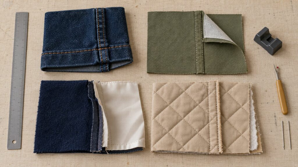 Échantillons de denim, lainage et toile préparés pour tester une machine à coudre