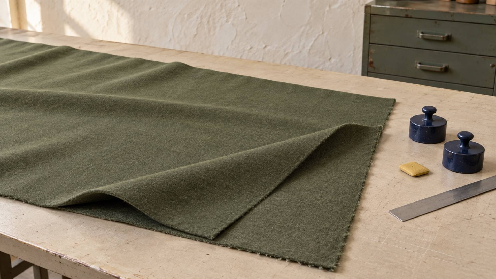 couture-tips-tissu-loden-foule-laine-grammage-tenue-couture Tissu de laine loden foulé vert mousse examiné sur une table de coupe