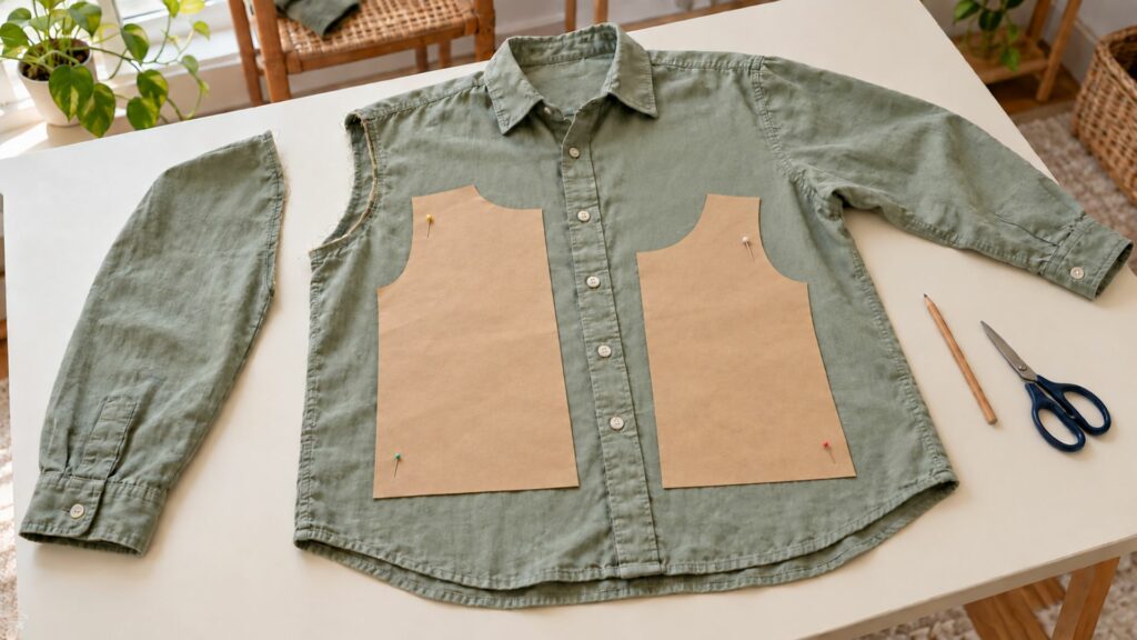 Pièces de patron placées sur une ancienne chemise pour récupérer son tissu