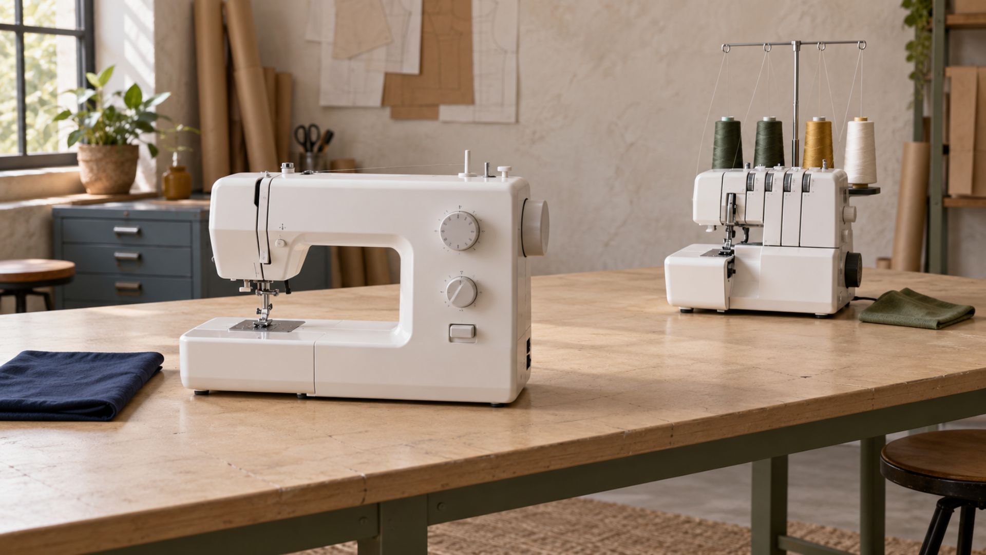 Machine à coudre familiale et surjeteuse installées sur deux postes de travail dans un atelier de couture contemporain.