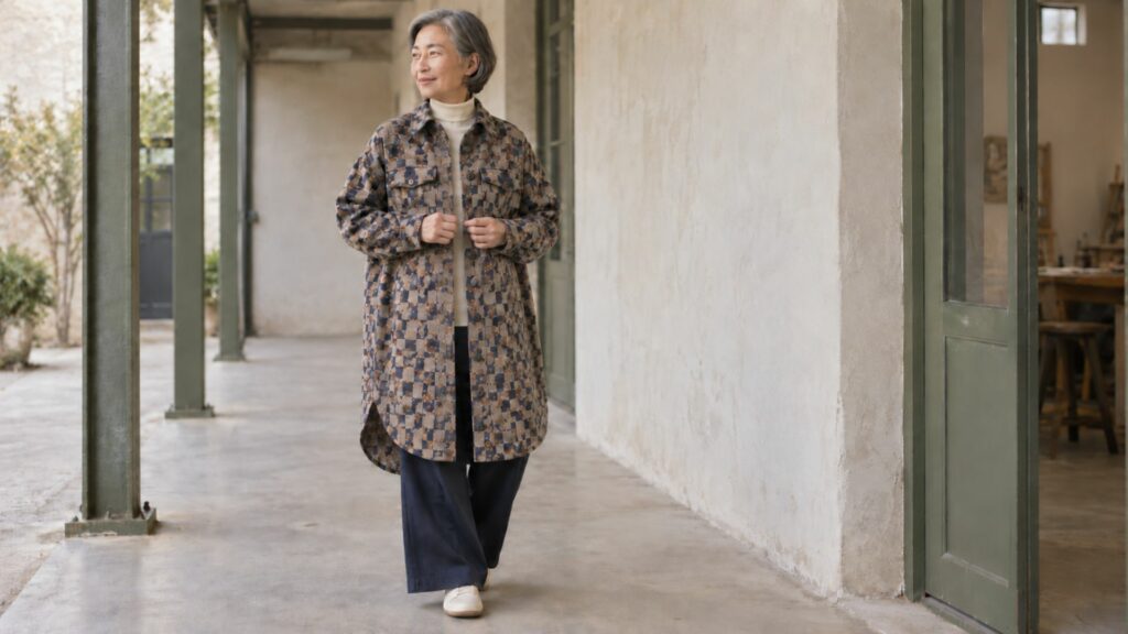Veste longue Rya de Fibre Mood portée dans un jacquard tissé souple
