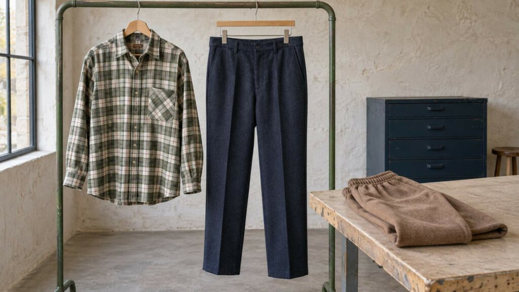 Chemise en flanelle de coton, pantalon en flanelle de laine et pantalon de pyjama disposés dans un atelier de couture.