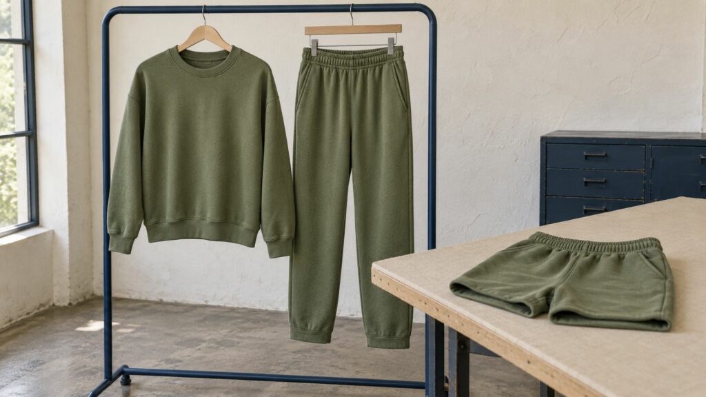 Sweat, pantalon de jogging et short cousus dans un même French Terry vert mousse dans un atelier de couture.