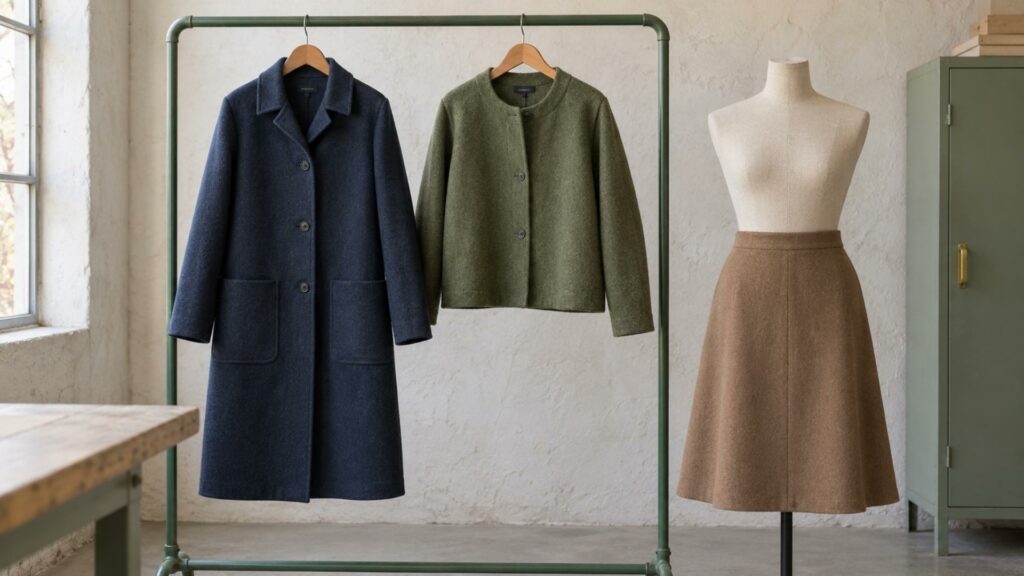 Manteau, veste et jupe cousus dans différents tissus de loden foulé