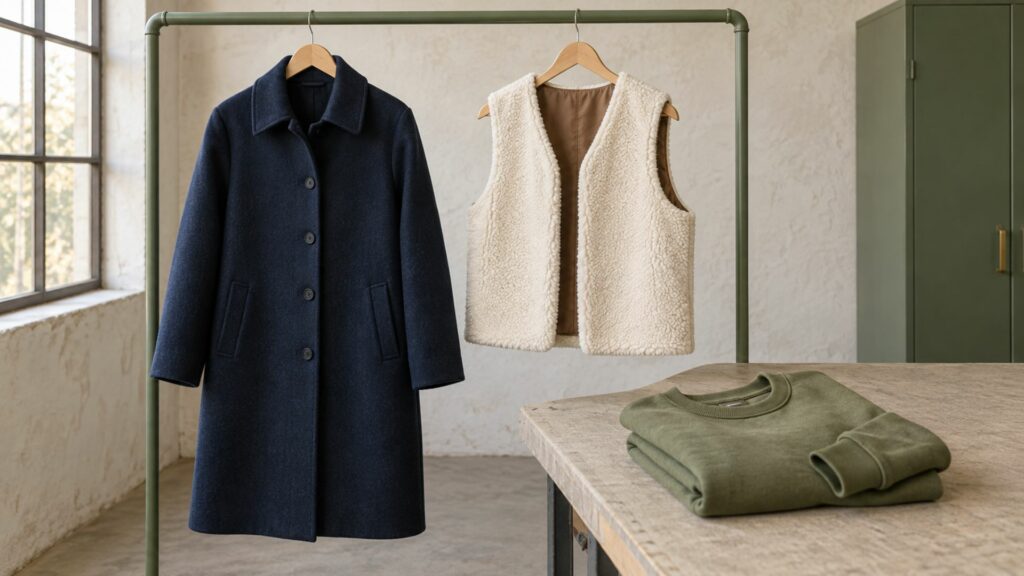 Manteau en laine, sweat molletonné et gilet en sherpa cousus pour différents niveaux de chaleur